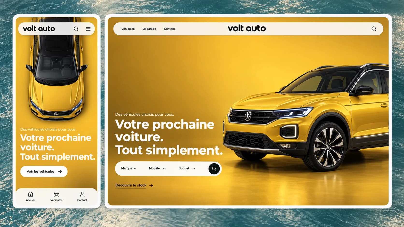 Exemple de site automobile à la marque du marchand : Volt Auto, avec les versions mobile et ordinateur et un SUV jaune