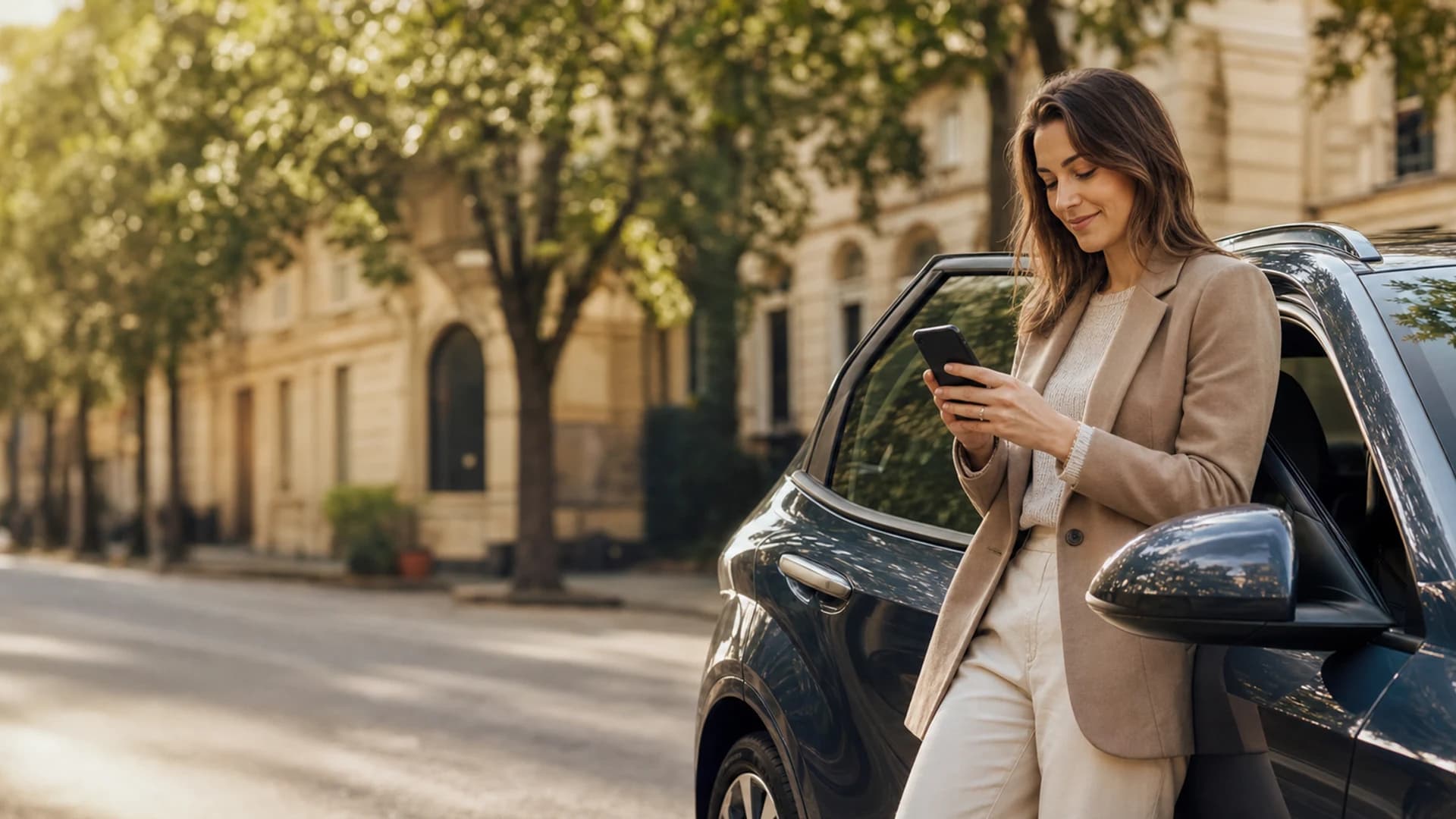 Une propriétaire prépare une demande d’estimation près de sa voiture